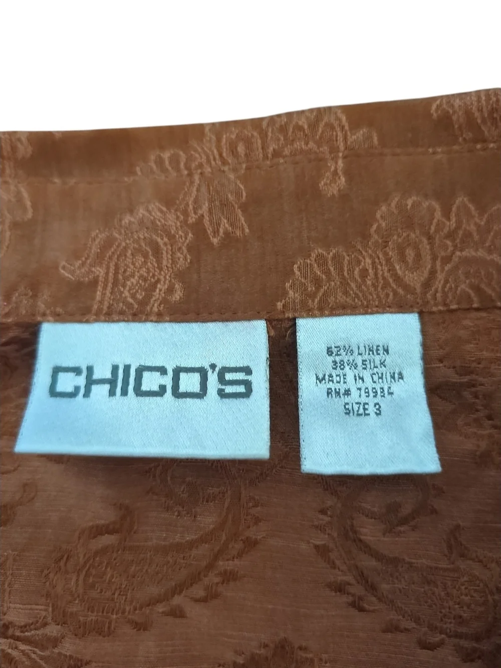 Chico’s Sz 3 Luxe Silk Linen Blend Paisley Damask Button Front Shirt Minimalist